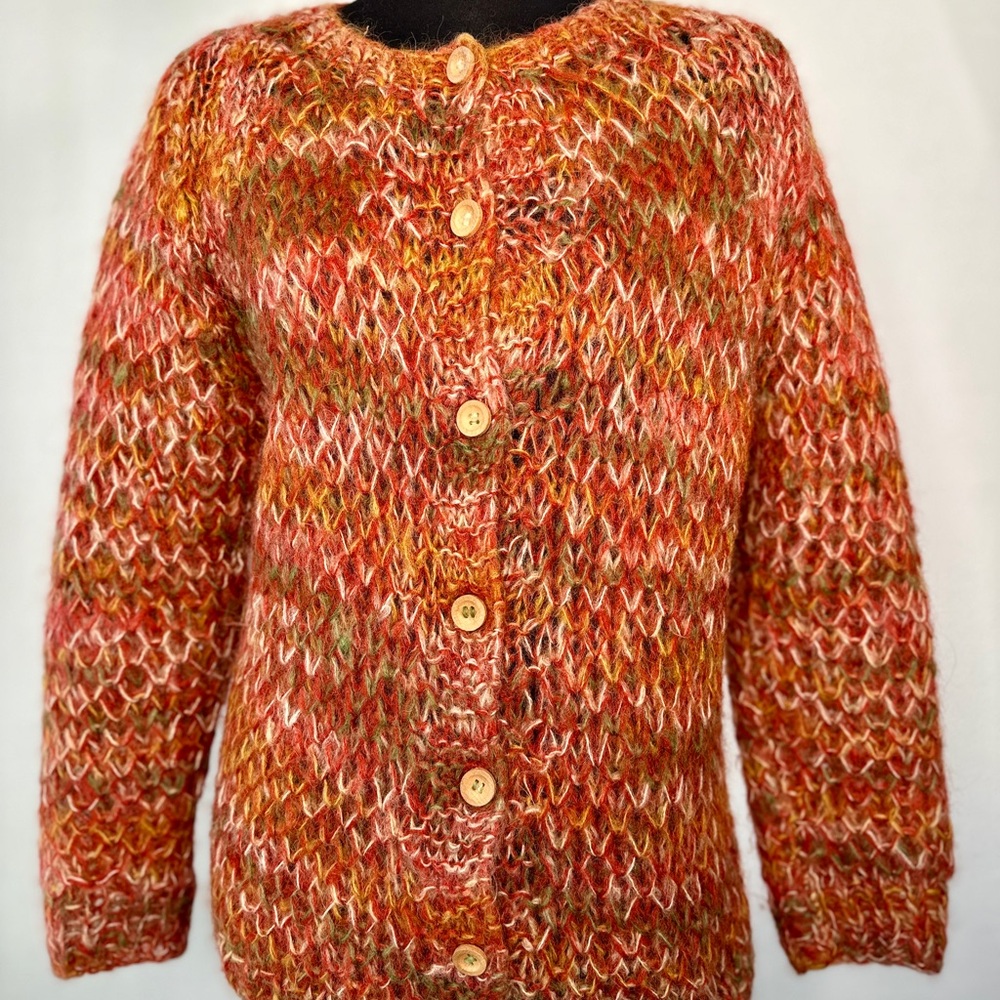 VTG 60s Sears Mary Lewis Cardigan Sweater Orange Green Space dye Wood Buttons M